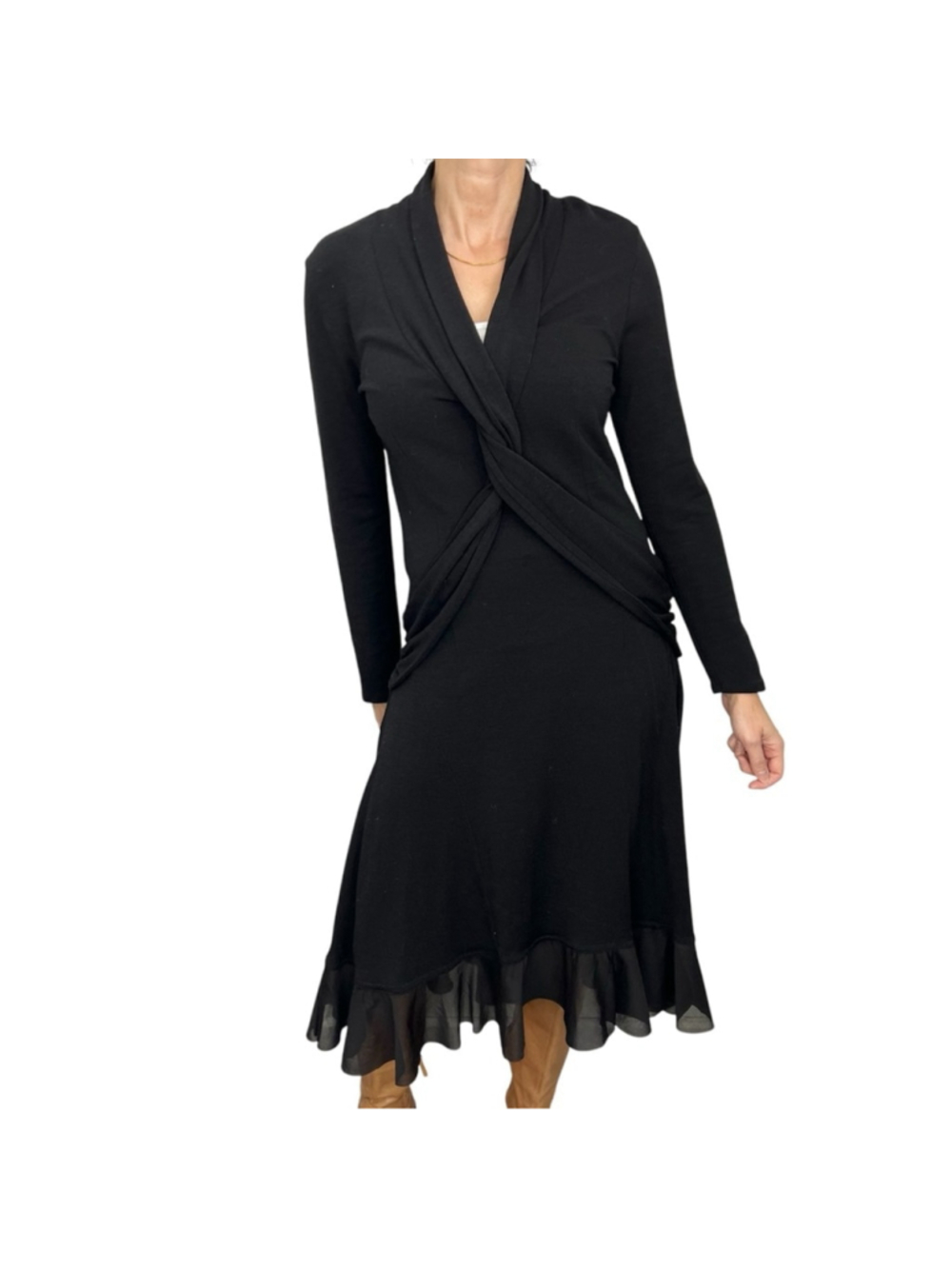 Vtg 90s NWT Tristan & Iseut black wool blend stretchy ruffle hem midi dress XL